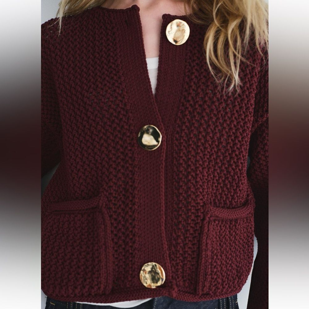 Zara chunky knit cardigan in burgundy - Picture 14 of 16